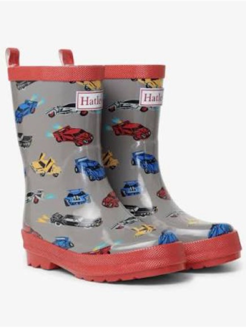 Hatley Grey race cars Rain Boots with Red Trim and navy fleece boot liners